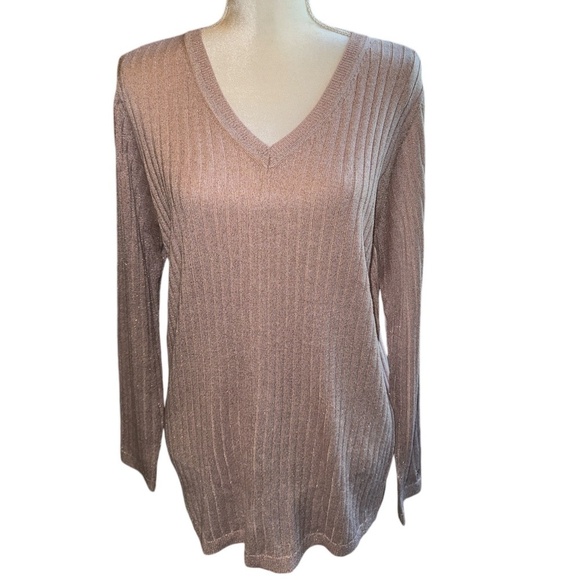 Tommy Hilfiger Women's Metallic-Knit Ribbed V-Neck Sweater - Pink #56 - Picture 1 of 4